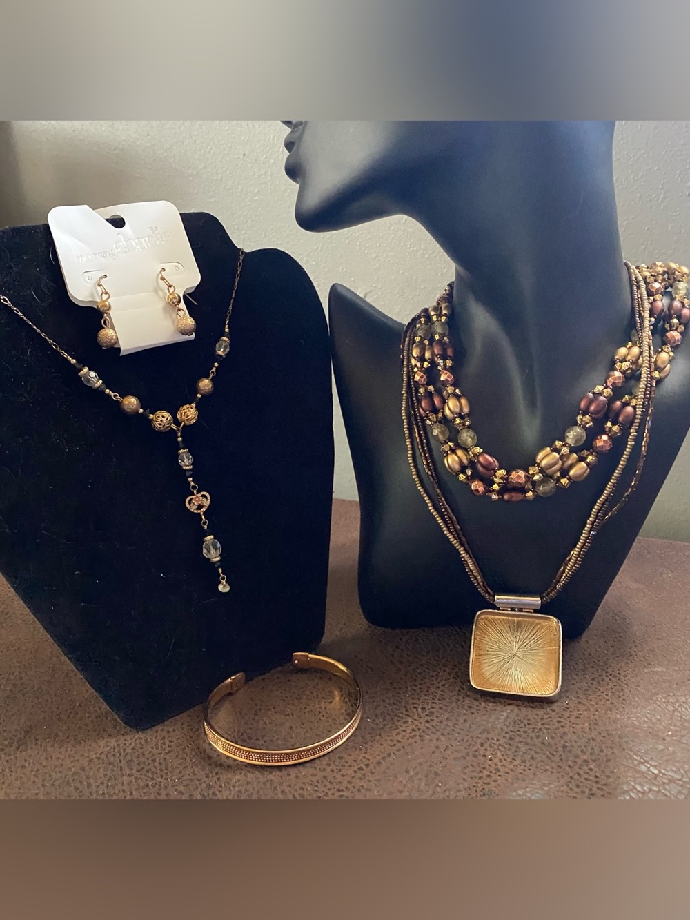 Charming Charlie Brown and Gold Multi-Strand Beaded Necklace with Square Pendant